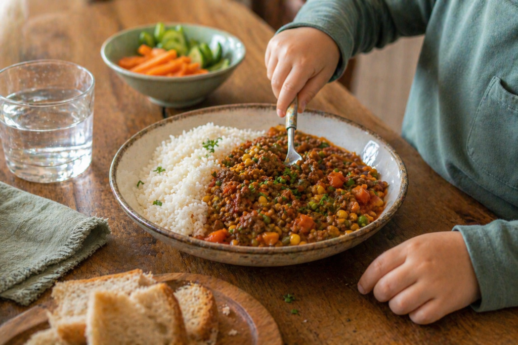Child eating lamb casserole.